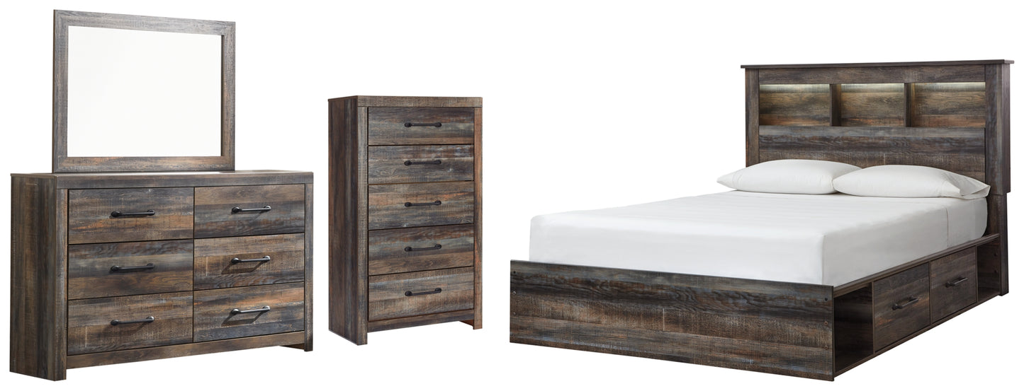 Drystan Queen Bookcase Bed with 4 Storage Drawers, Dresser, Mirror and Chest