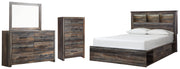 Drystan Queen Bookcase Bed with 4 Storage Drawers, Dresser, Mirror and Chest