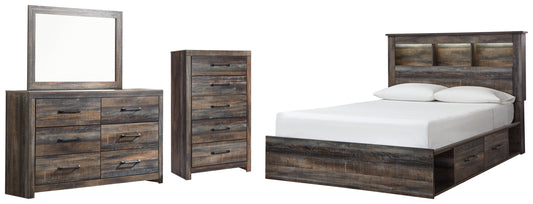 Drystan Queen Bookcase Bed with 4 Storage Drawers, Dresser, Mirror and Chest