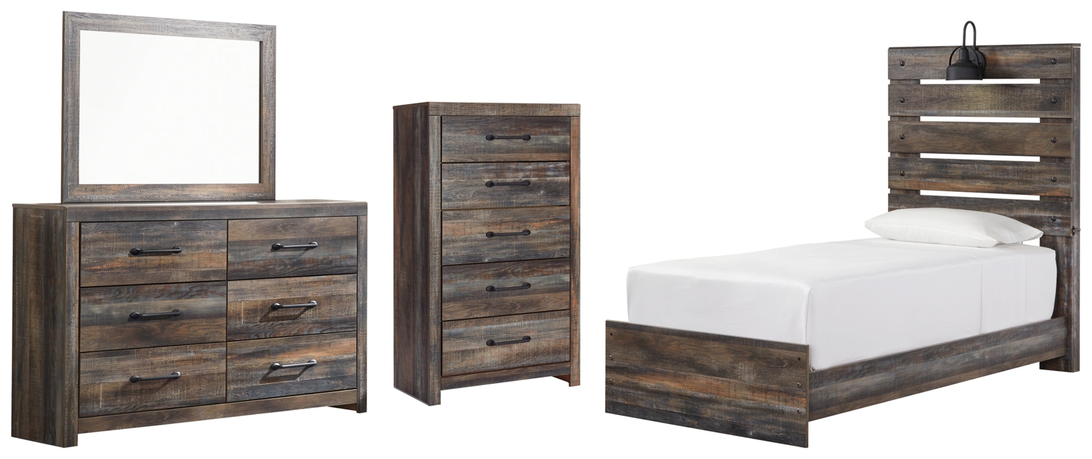 Drystan Twin Panel Bed, Dresser, Mirror and Chest