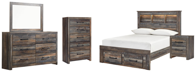 Drystan Full Bookcase Bed with 2 Storage Drawers, Dresser, Mirror, Chest and Nightstand