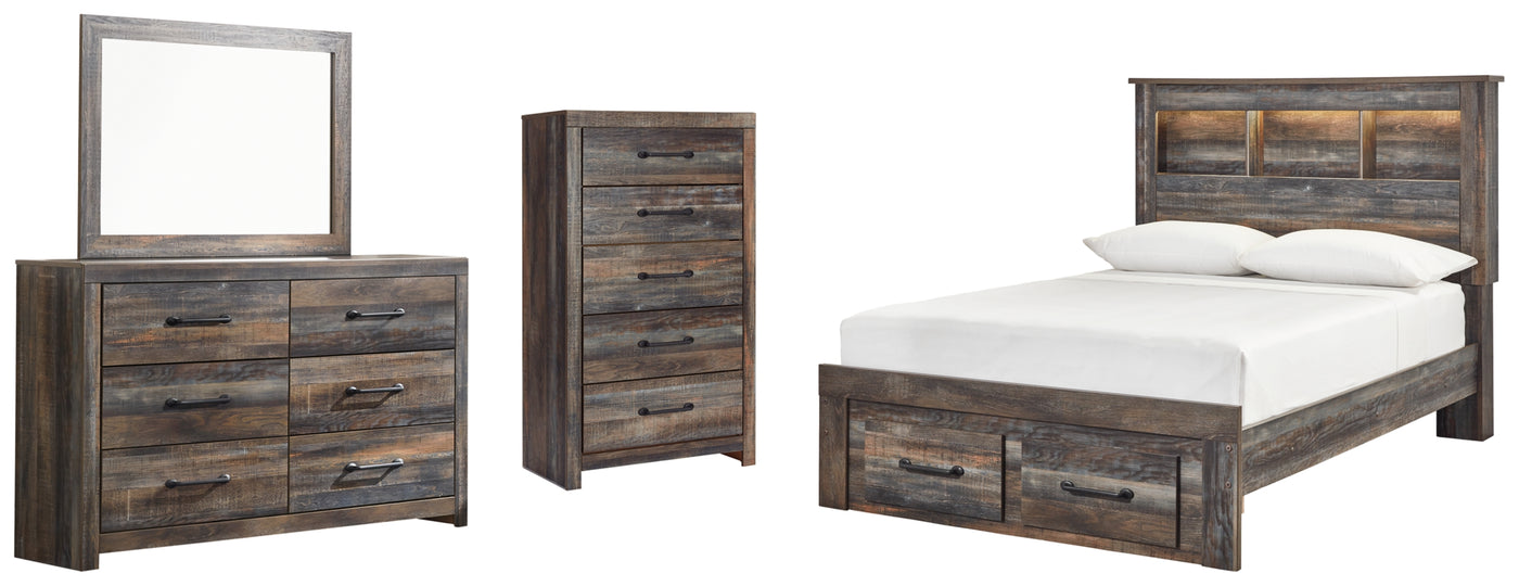 Drystan Full Bookcase Bed with 2 Storage Drawers, Dresser, Mirror and Chest