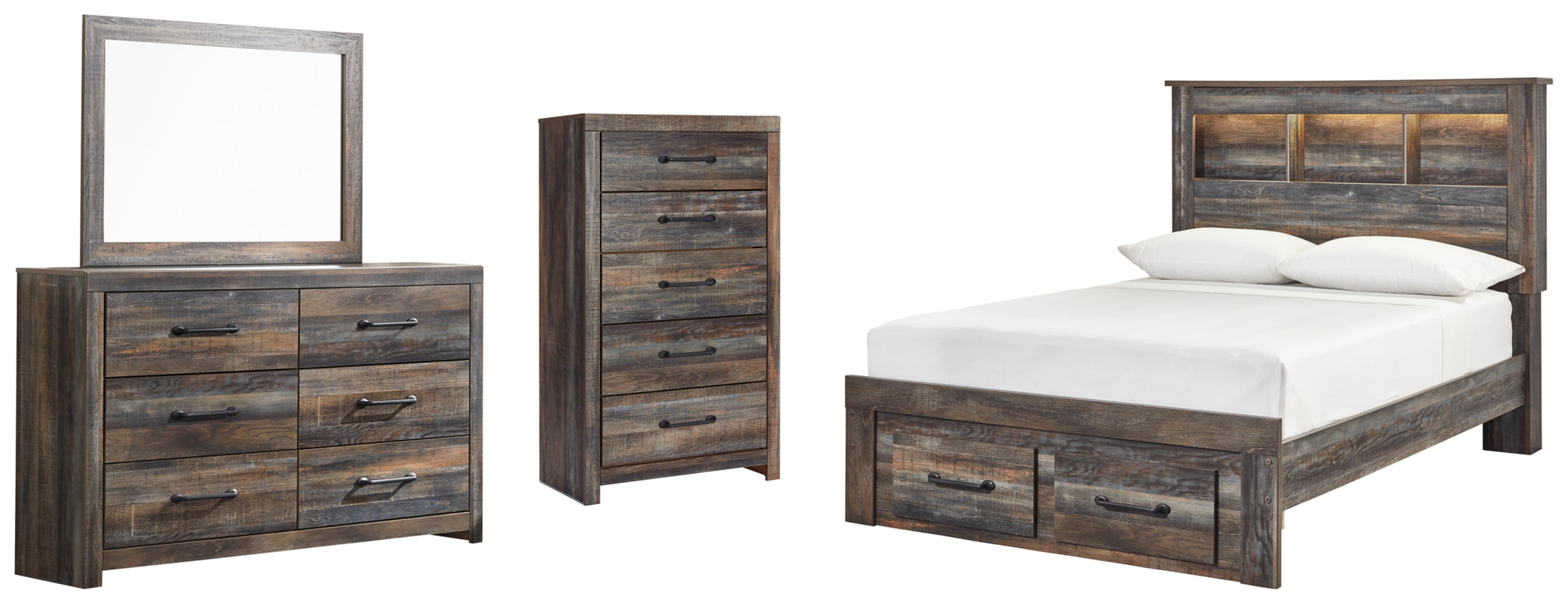 Drystan Full Bookcase Bed with 2 Storage Drawers, Dresser, Mirror and Chest