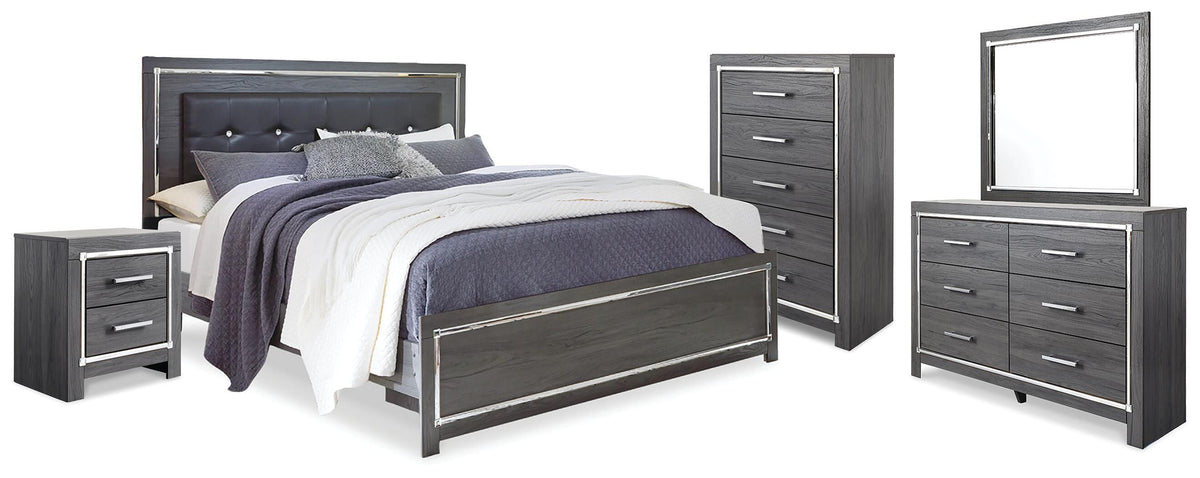 Lodanna King Panel Bed with Mirrored Dresser, Chest and Nightstand