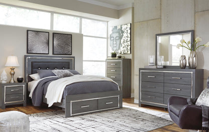 Lodanna Queen Panel Bed with 2 Storage Drawers with Mirrored Dresser, Chest and Nightstand