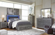Lodanna Queen Panel Bed with 2 Storage Drawers with Mirrored Dresser, Chest and Nightstand