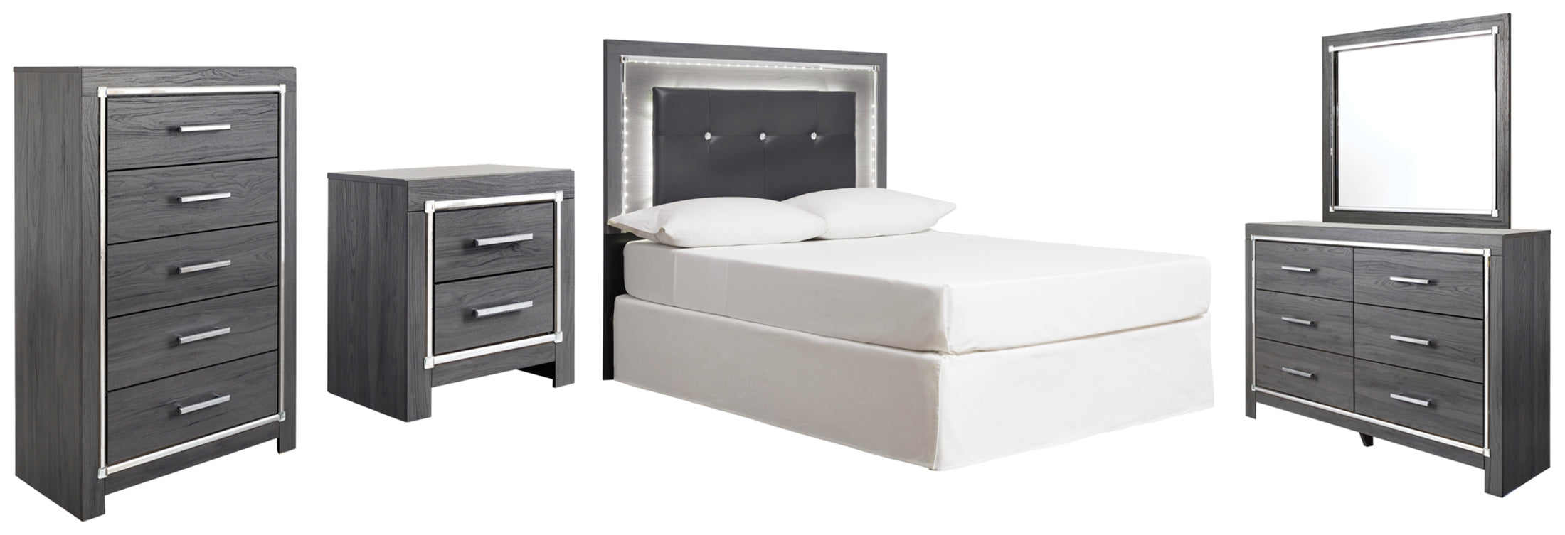 Lodanna Full Upholstered Panel Headboard Bed with Mirrored Dresser, Chest and Nightstand