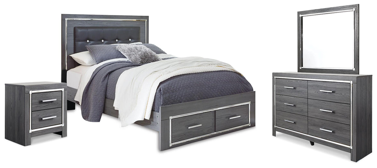 Lodanna Queen Upholstered Panel Storage Bed, Dresser, Mirror, and Nightstand