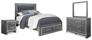 Lodanna Queen Upholstered Panel Storage Bed, Dresser, Mirror, and Nightstand