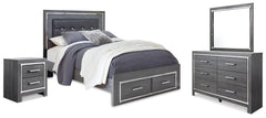 Lodanna Queen Upholstered Panel Storage Bed, Dresser, Mirror, and Nightstand