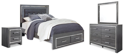 Lodanna Queen Upholstered Panel Storage Bed, Dresser, Mirror, and Nightstand