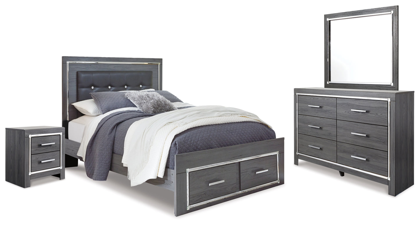 Lodanna Queen Panel Bed with 2 Storage Drawers, Dresser, Mirror and Nightstand