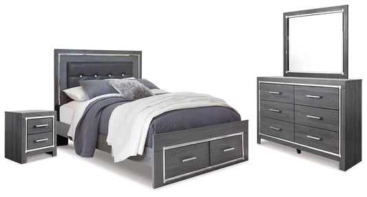 Lodanna Queen Panel Bed with 2 Storage Drawers, Dresser, Mirror and Nightstand