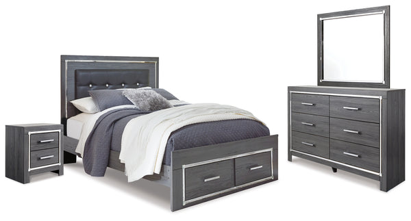 Lodanna Queen Panel Bed with 2 Storage Drawers, Dresser, Mirror and Nightstand