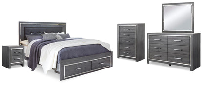 Lodanna King Panel Bed with 2 Storage Drawers, Dresser, Mirror, Chest and Nightstand
