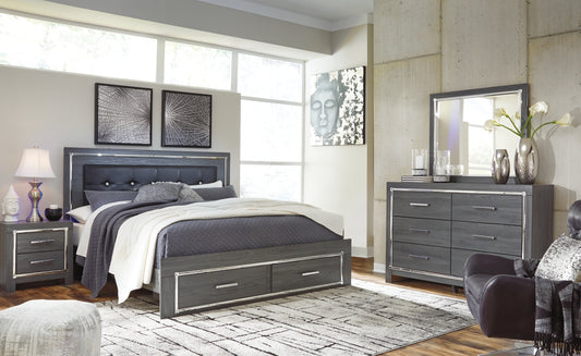 Lodanna King Panel Bed with 2 Storage Drawers, Dresser, Mirror and Nightstand