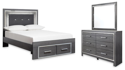 Lodanna Full Panel Bed with 2 Storage Drawers with Mirrored Dresser