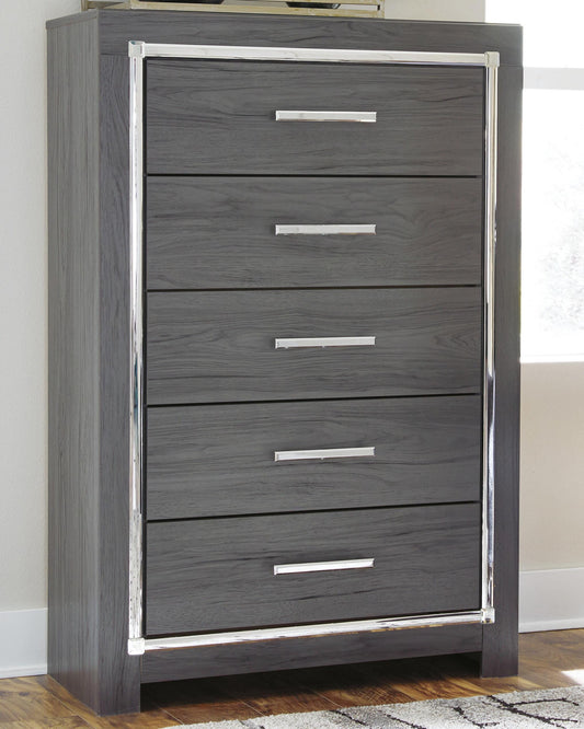Lodanna King Panel Bed with 2 Storage Drawers, Dresser, Mirror, Chest and Nightstand