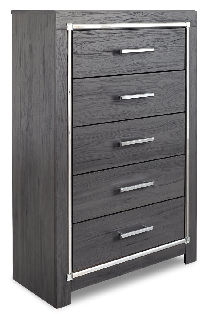 Lodanna King Panel Bed with 2 Storage Drawers, Dresser, Mirror, Chest and Nightstand