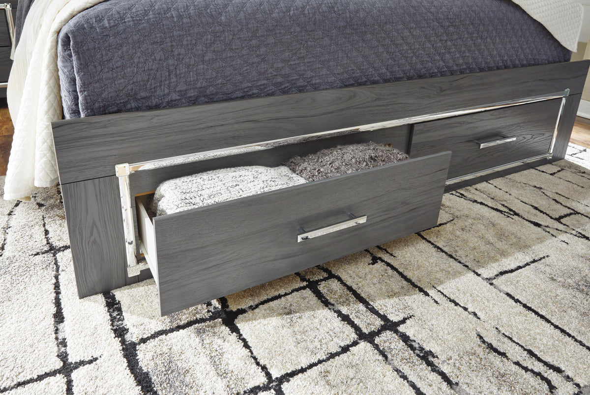 Lodanna King Panel Bed with 2 Storage Drawers, Dresser, Mirror, Chest and Nightstand