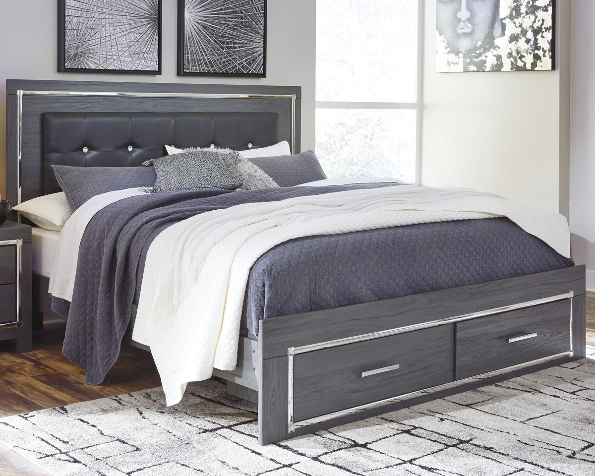 Lodanna King Panel Bed with 2 Storage Drawers with Mirrored Dresser