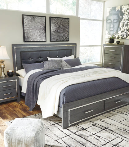 Lodanna King Panel Bed with 2 Storage Drawers, Dresser, Mirror and Nightstand