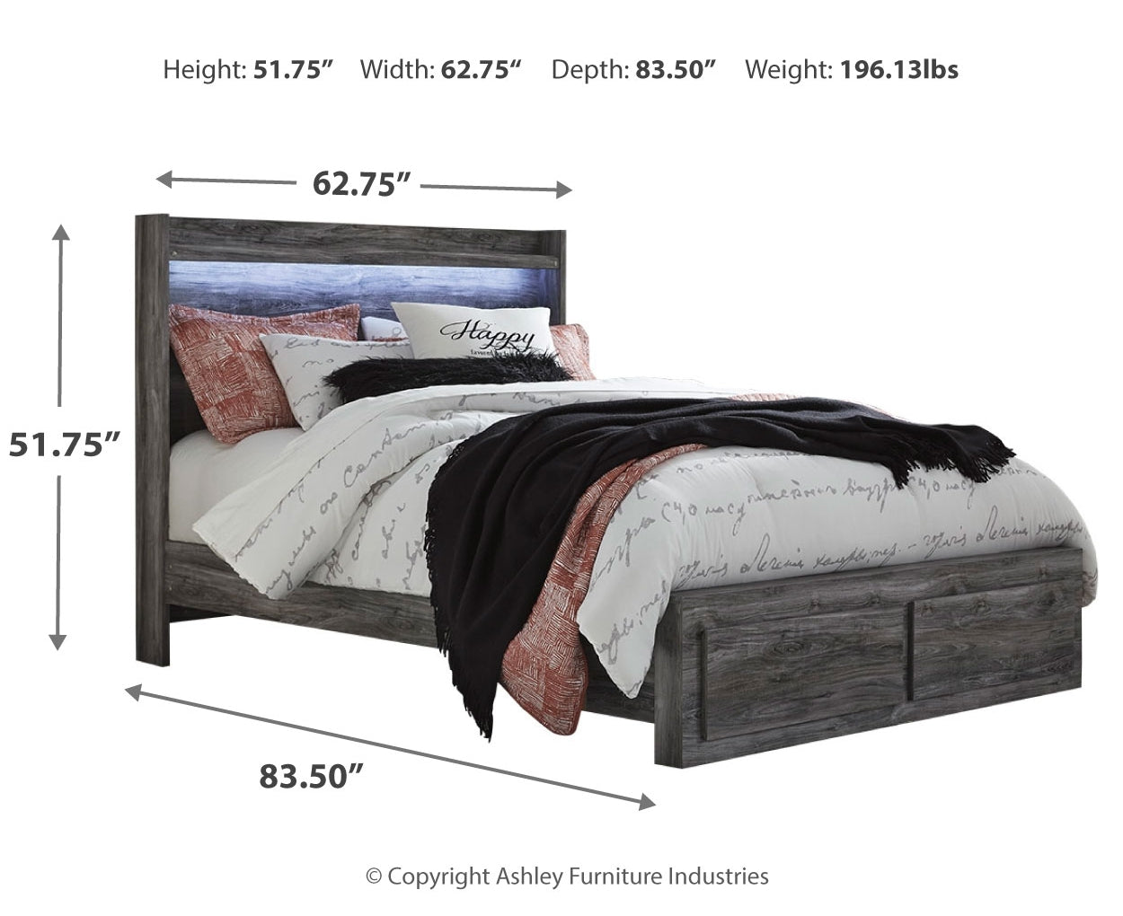 Baystorm Queen Panel Bed with 2 Storage Drawers with Mirrored Dresser and Nightstand