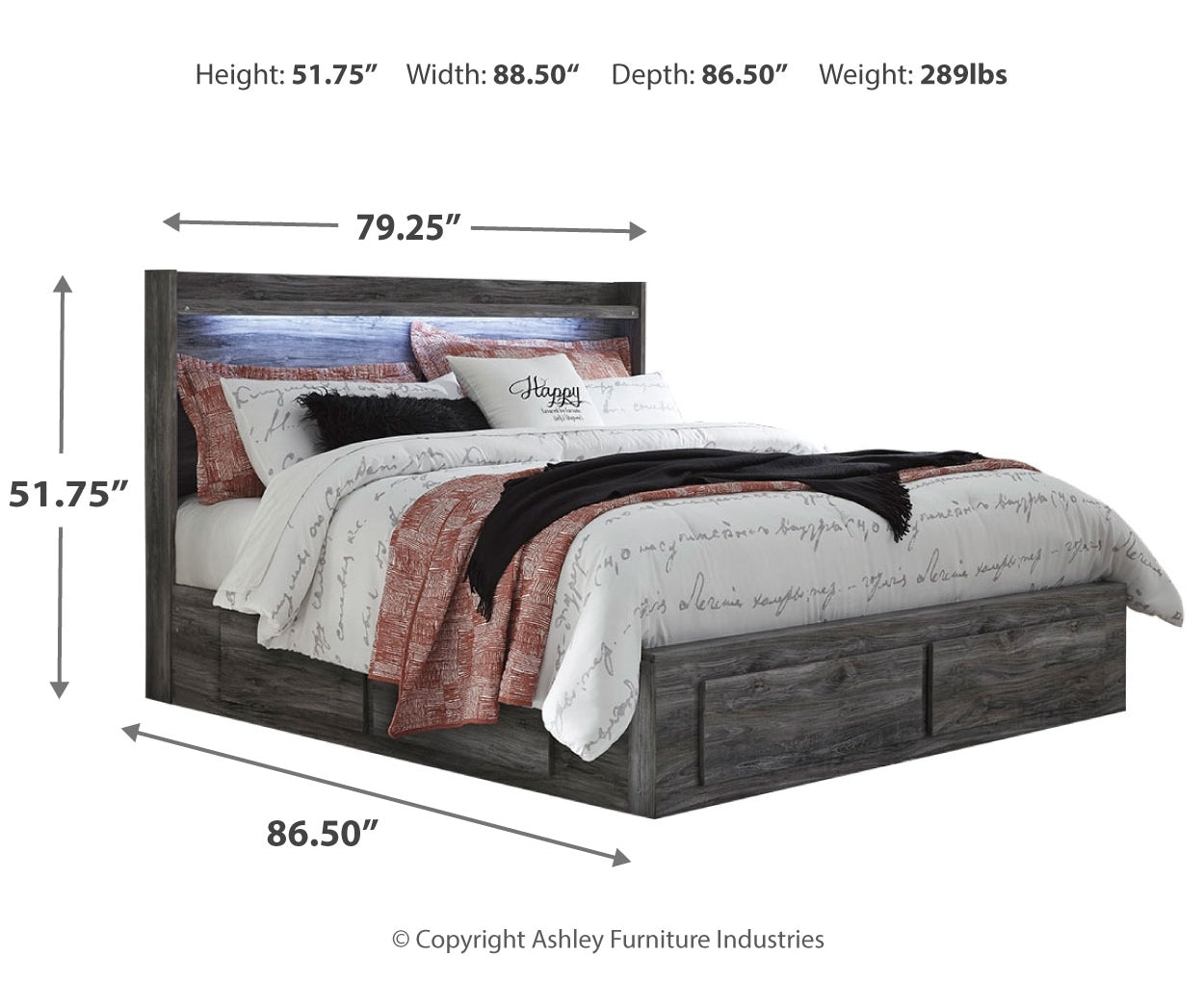 Baystorm King Panel Bed with 2 Storage Drawers with Mirrored Dresser, and Nightstand