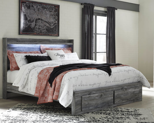Baystorm King Panel Bed with 2 Storage Drawers with Mirrored Dresser, and Nightstand