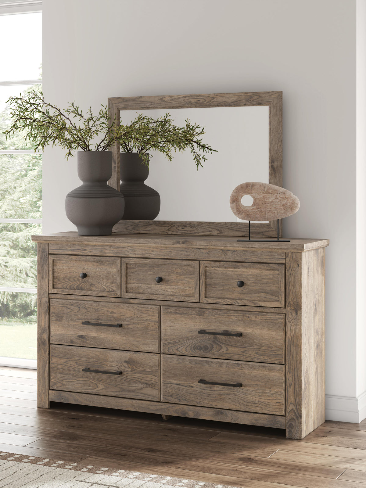 Rusticott California King Poster Bed with Mirrored Dresser and Nightstand