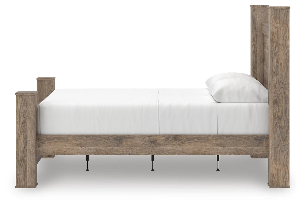 Rusticott Queen Poster Bed with Mirrored Dresser and Nightstand