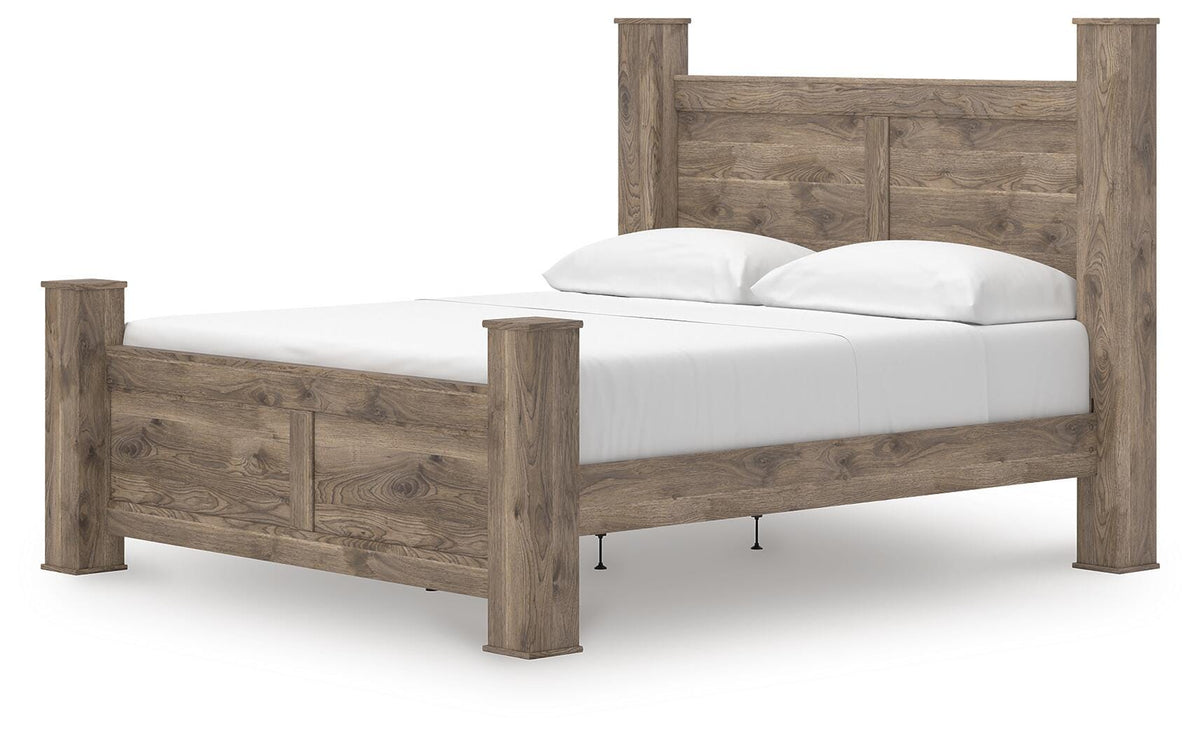 Rusticott California King Poster Bed with Mirrored Dresser and Nightstand