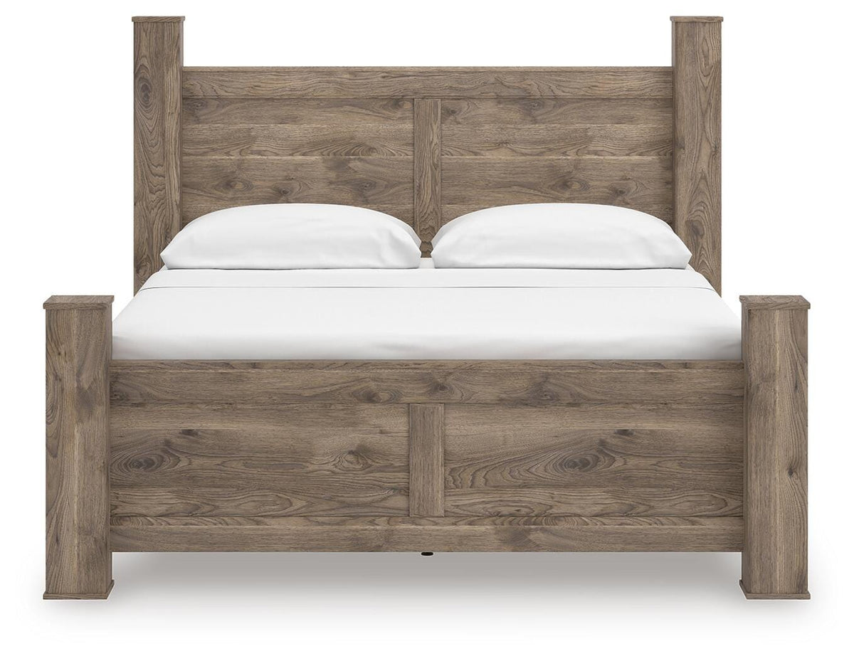 Rusticott California King Poster Bed with Mirrored Dresser and Nightstand
