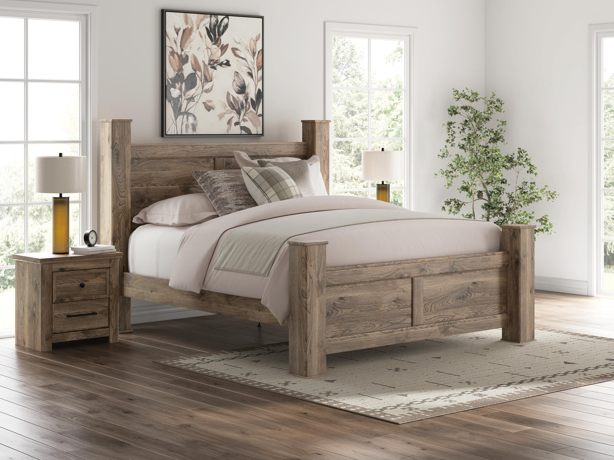 Rusticott California King Poster Bed with Mirrored Dresser and Nightstand