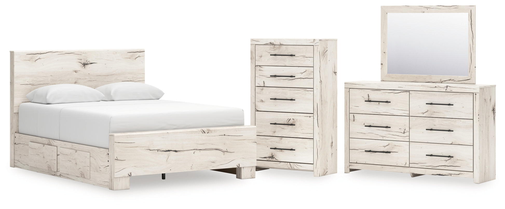 Lawroy Queen Panel Bed with Storage, Dresser, Mirror and Chest