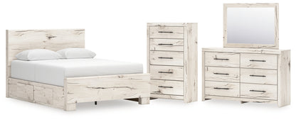 Lawroy Queen Panel Bed with Storage, Dresser, Mirror and Chest