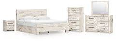 Lawroy King Panel Bed with Storage, Dresser, Mirror, Chest and Nightstand