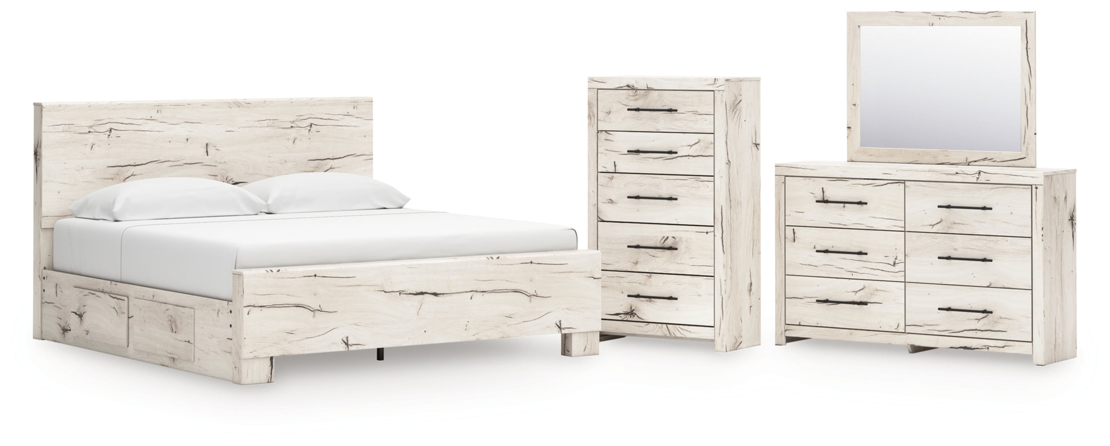 Lawroy King Panel Bed with Storage, Dresser, Mirror and Chest