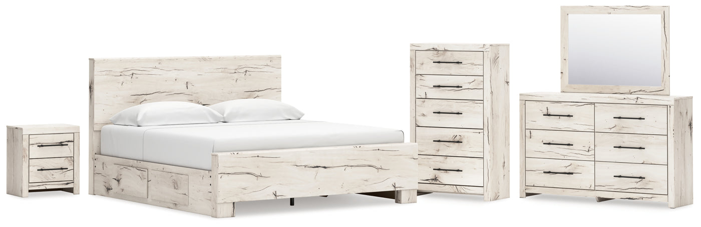 Lawroy King Panel Bed with Storage, Dresser, Mirror, Chest and Nightstand