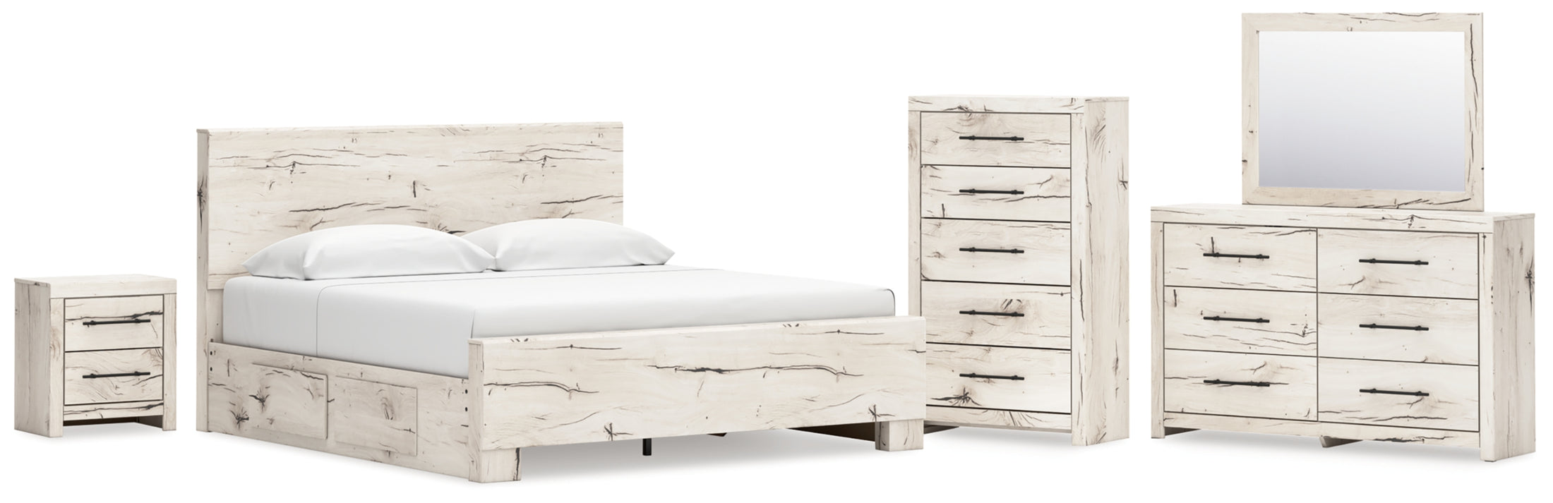 Lawroy King Panel Bed with Storage, Dresser, Mirror, Chest and Nightstand