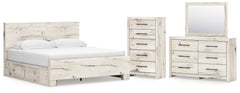 Lawroy King Panel Bed with Storage, Dresser, Mirror and Chest