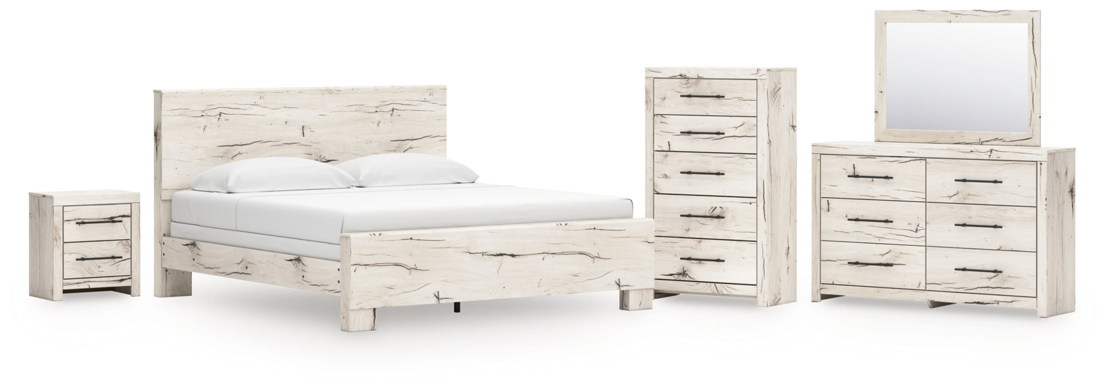 Lawroy King Panel Bed, Dresser, Mirror, Chest and Nightstand