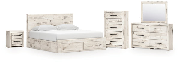 Lawroy King Panel Storage Bed, Dresser, Mirror, Chest and Nightstand