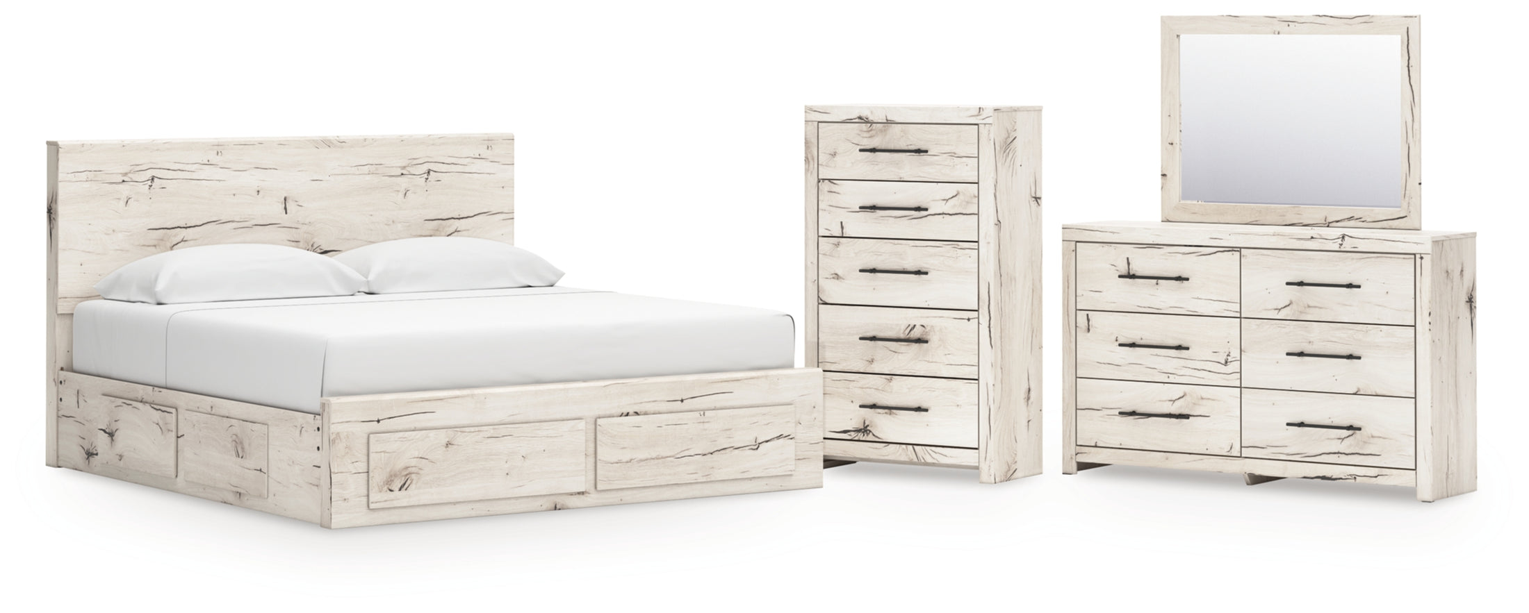 Lawroy King Panel Storage Bed, Dresser, Mirror and Chest