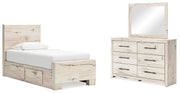 Lawroy Twin Panel Bed with Storage, Dresser and Mirror