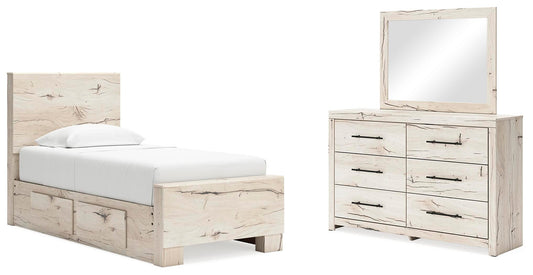 Lawroy Twin Panel Bed with Storage, Dresser and Mirror
