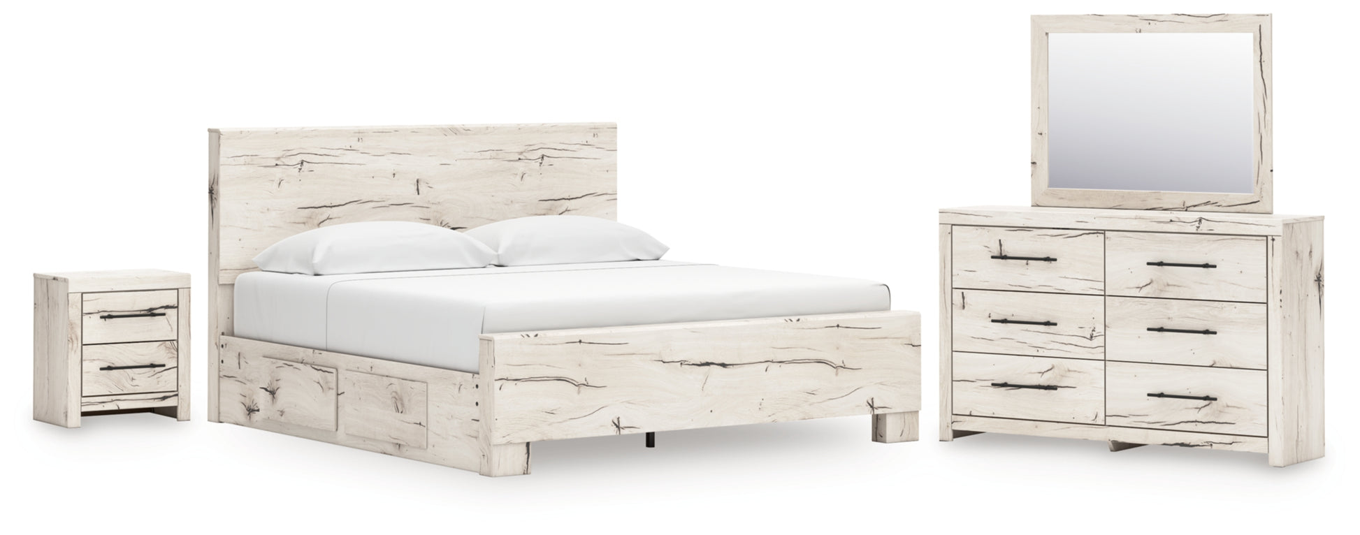 Lawroy King Panel Bed with Storage, Dresser, Mirror and Nightstand