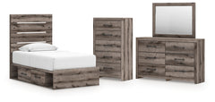 Graystorm Twin Panel Bed with Storage, Dresser, Mirror and Chest