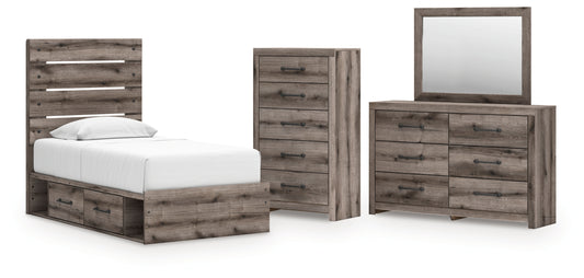 Graystorm Twin Panel Bed with Storage, Dresser, Mirror and Chest