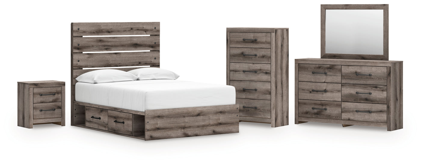 Graystorm Full Panel Bed with Storage, Dresser, Mirror, Chest and Nightstand